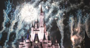 a photo of Disney Cinderella castle with fireworks