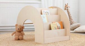 curved neutral wood bookcase for kids