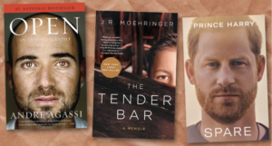 the covers of Open, Spare, and Tender Bar