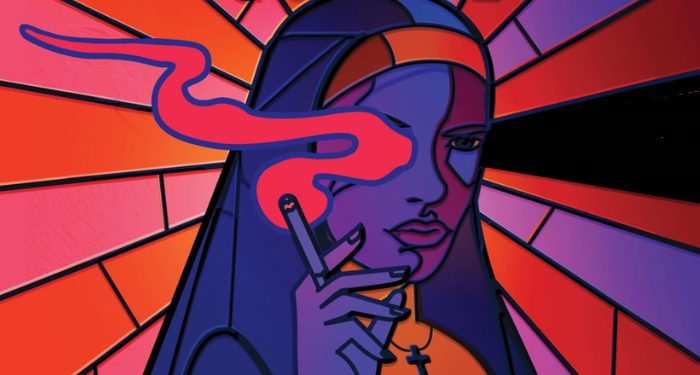 a cropped cover of Scorched Grace, showing a stained glass style illustration of a smoking nun
