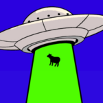 a cropped cover of The Road to Roswell by Connie Willis showing a flying saucer abducting a cow